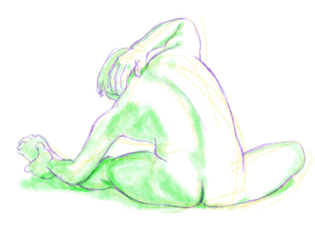 Figure drawing of man sitting and stretching towards his leg outstretched.