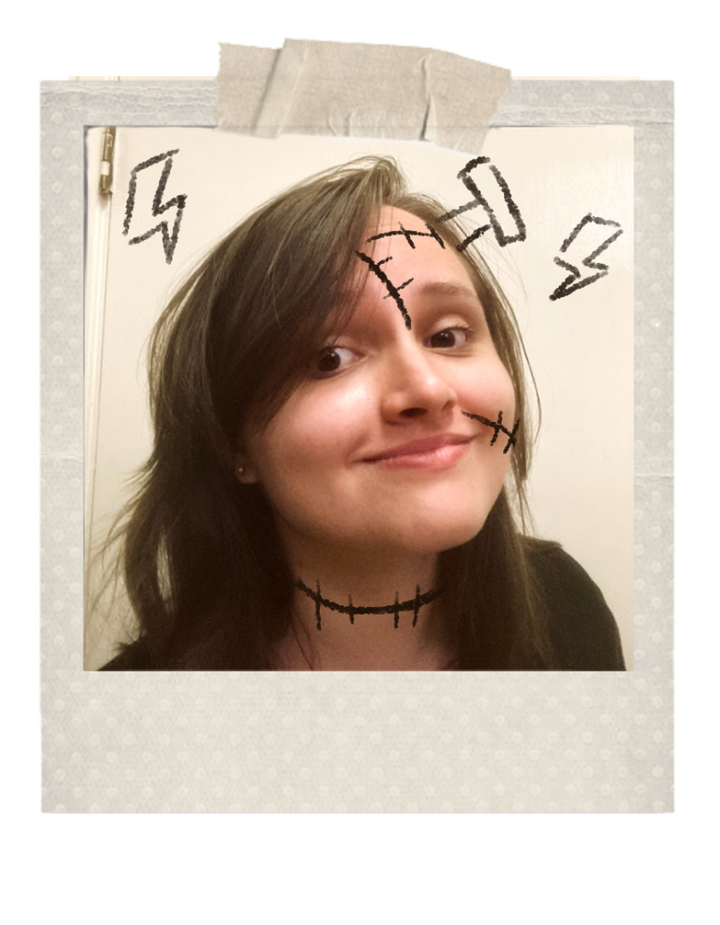 Photo of Marijane with Frankenstein graffiti doodles on top.